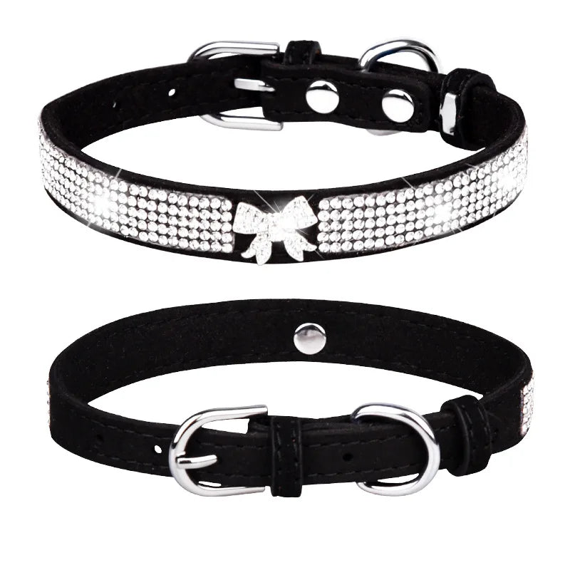 Wholesale Bling Microfiber Leather Rhinestone Bow Knot Pet Animal Dog Collar