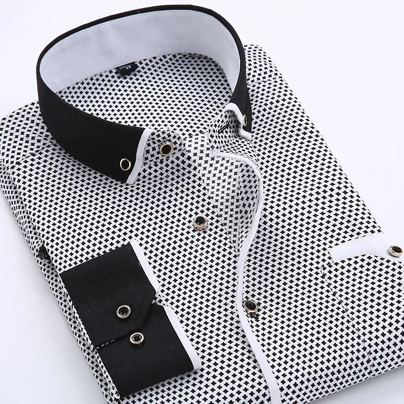 RNSHANGER Autumn Breathable Business Men's Casual Turn-down Collar Long Sleeve Slim Fit Dot Pattern Dress Shirt