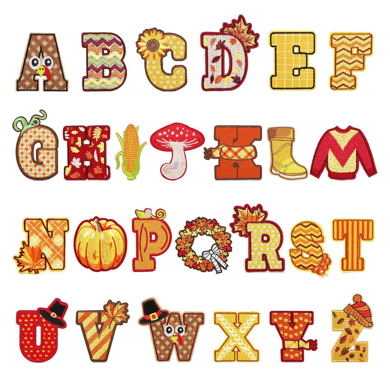 Autumn Harvest Theme Letters Twill Handmade Embroidery Iron on Letters Patches
