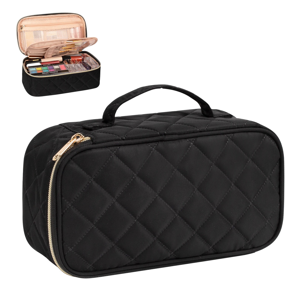 For Relavel Small Single Compartment Nylon Cosmetic Bag Black Lattice Embossed Portable Travel Pouch with Zipper Closure