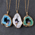 Irregular Agate Natural Crystal Stone Druzy Slice Necklace Amethyst Tooth Gold Rim Pendant for Jewelry