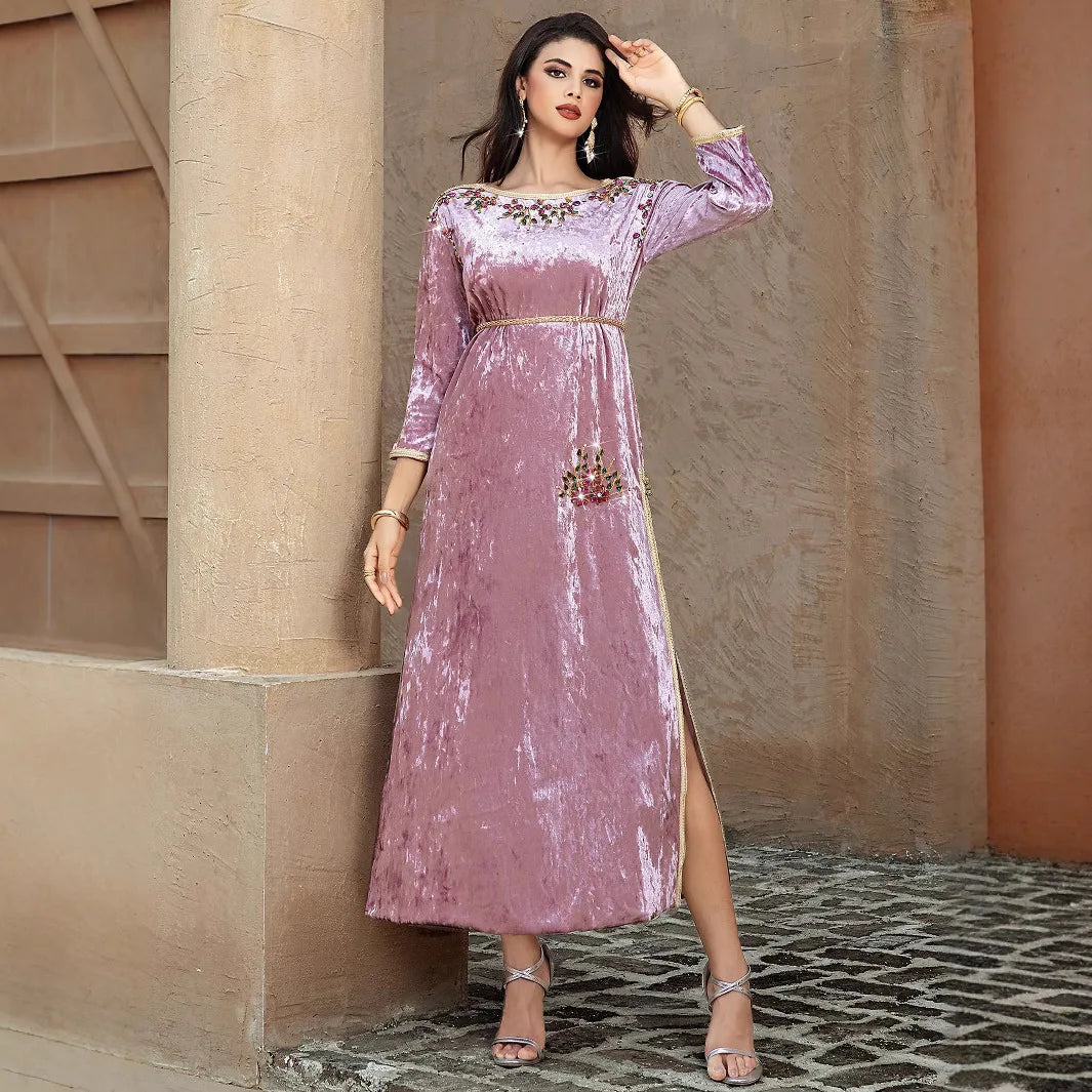 Latest Design Loose Long Gown Velvet Winter Abaya Dress the Middle East Dubai Islamic Clothing Kaftan Style Muslim Dress