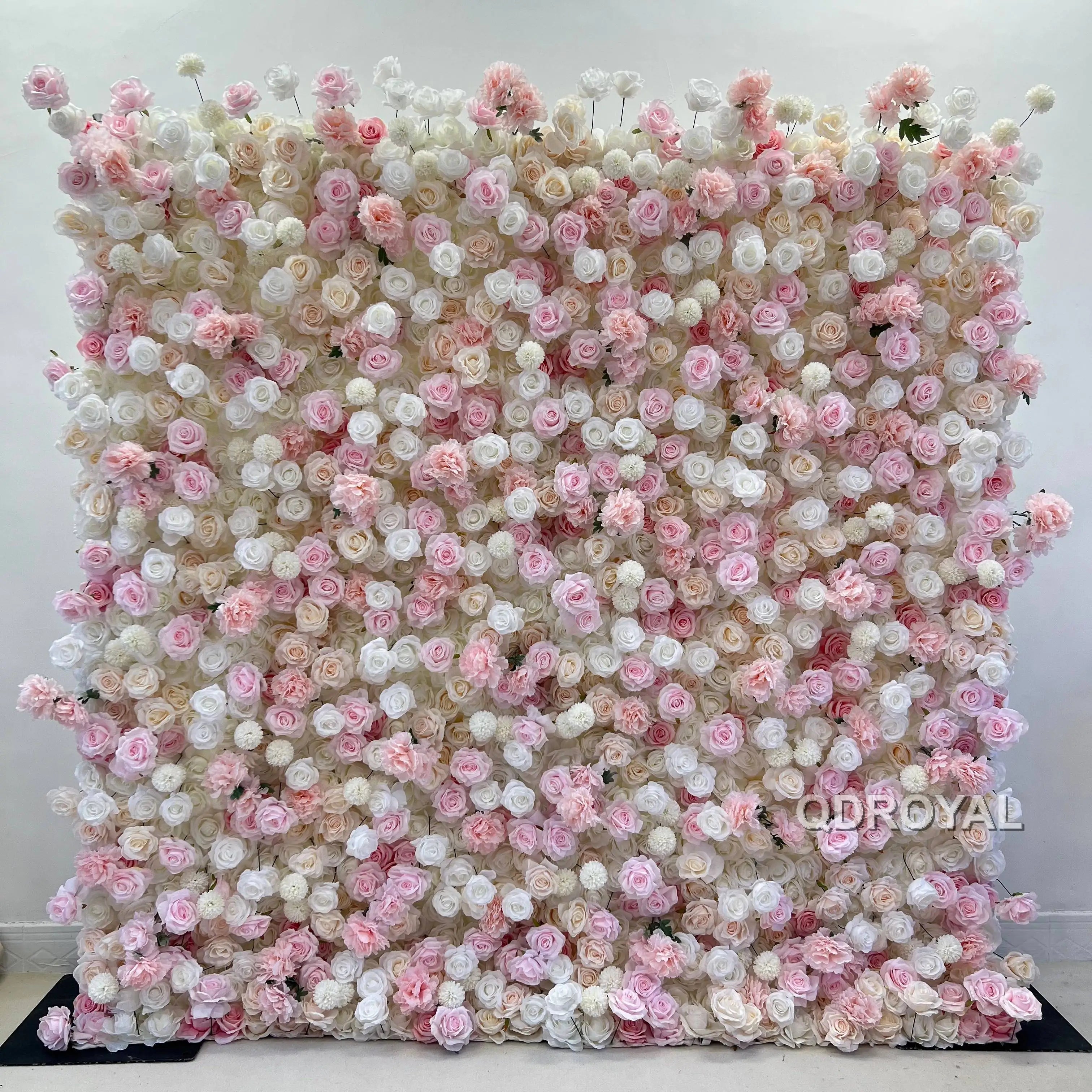 Wholesale Luxury Decorative 8ft X 8ft Artificial Silk Rose Flower Wall Backdrop Floral Design Style Pink Roll-Up for Wedding