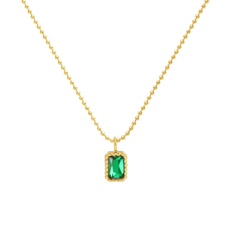 Fashion Classic Geometric Gold Plated Stainless Steel Rectangular Green Zircon Pendant Women Luxury Minimalist Necklace