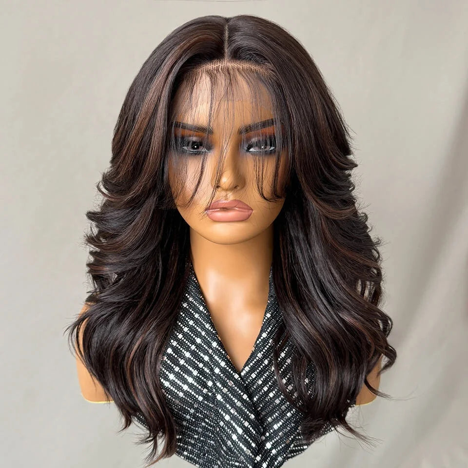 18" Natural Fiber Lace Frontal Synthetic HD Glueless Wigs for Ombre Black Brown Water Body Wave Glueless Wig Layered Lace Front