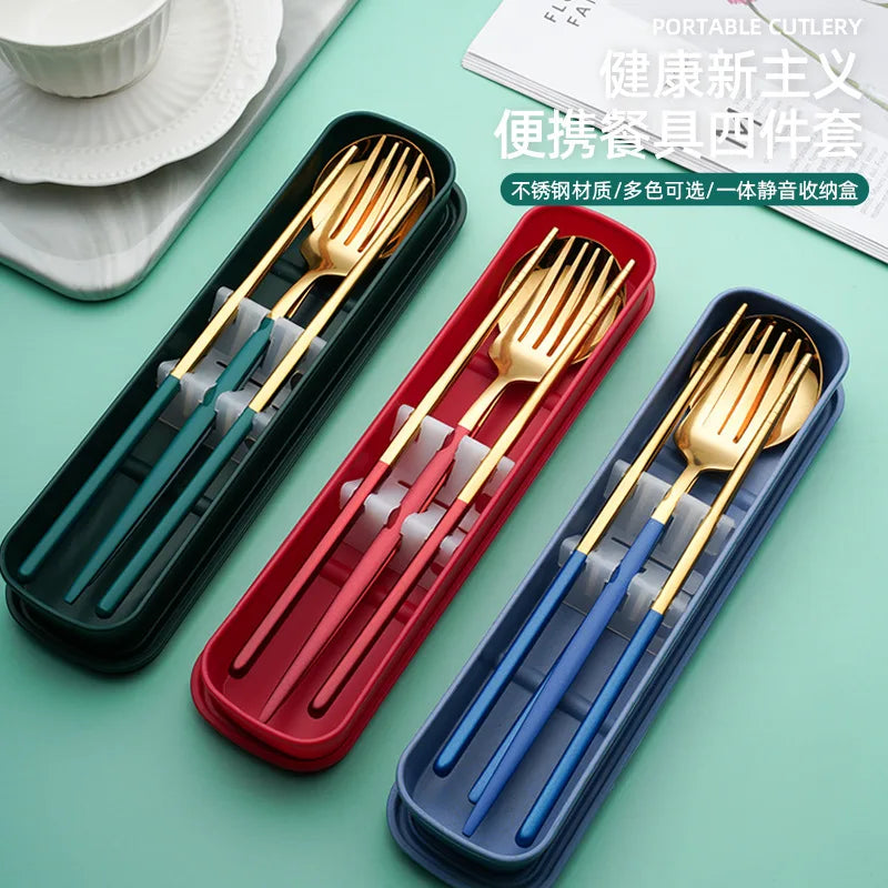 Outdoor Stainless Steel Portable Ccutlery Set Spoon Fork Chopsticks 3 Pcs Silverware Cutlery Box Set