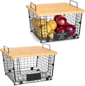 Kitchen Counter 2 Set Large Stackable Wire Basket with Bamboo Lid Pantry Storage Organizer
