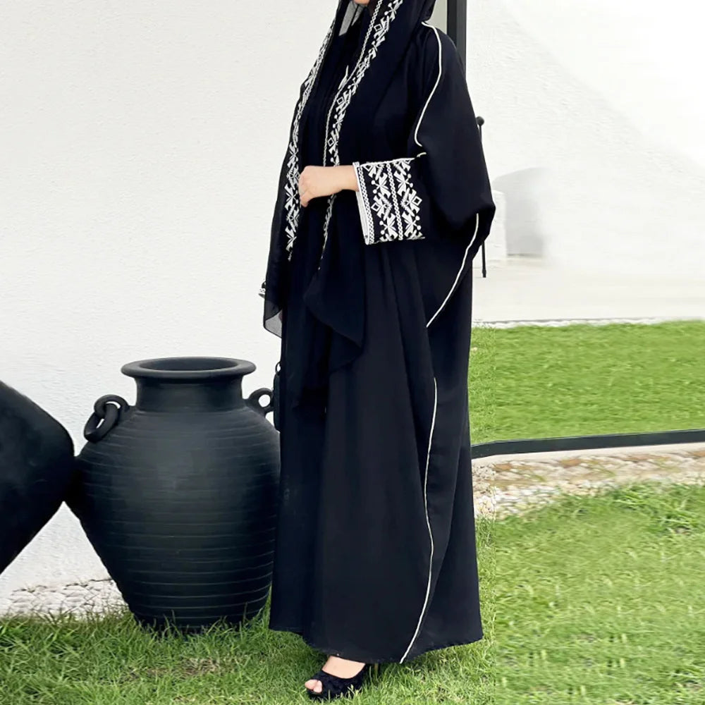 PROMISTAR New Arrival Middle Eastern Muslim Cardigan Robe Contrast Color Embroidery Women's Polyester Abaya