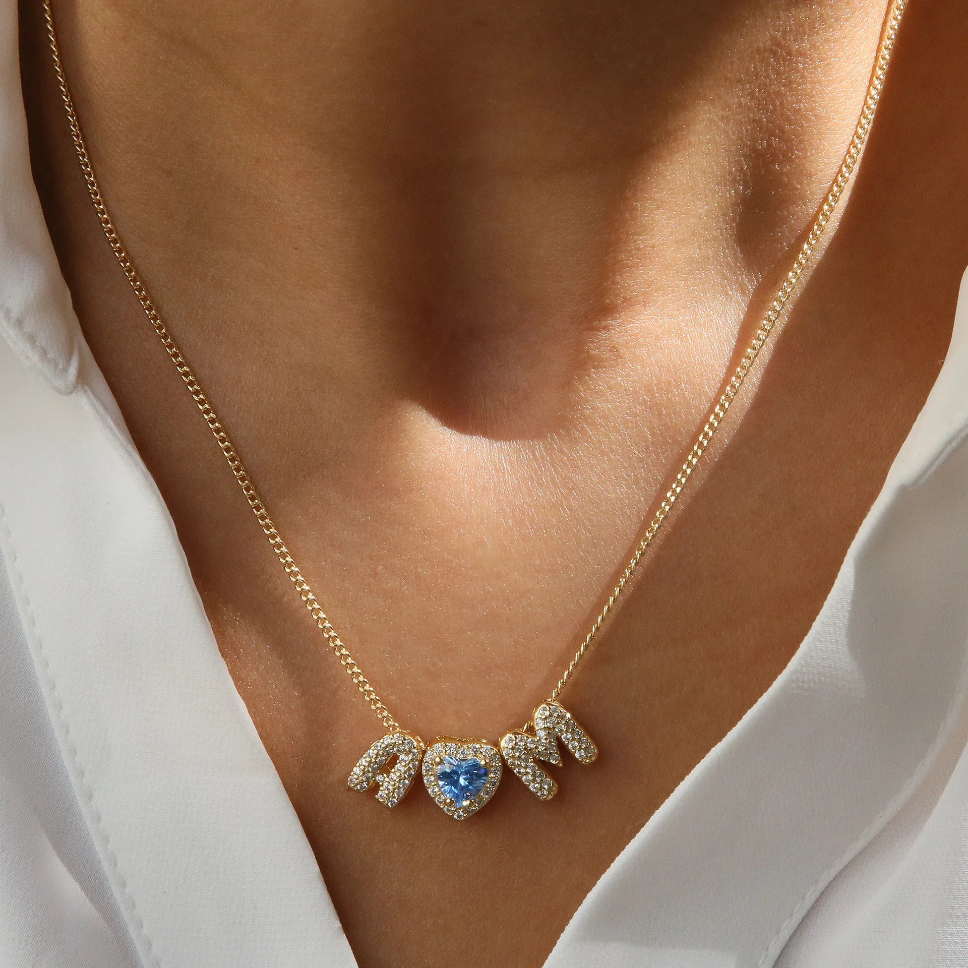 Hot-Selling DIY Pendant Necklace Trendy Heart-Shaped Birthstone Gold Plating English Letter Name Link Chain Made Brass Zircon