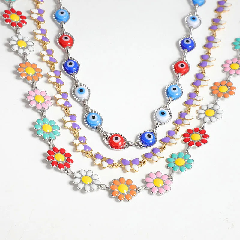 Bohemian 18K Gold Plated Chain Purple Colorful Enamel Lucky Eye Butterfly Flower Charm Choker Necklace Bracelet Set for Women