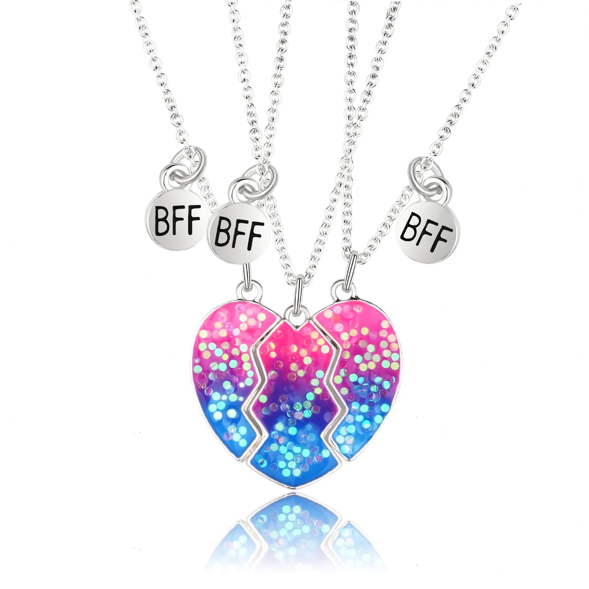 Collar De Corazon Splicing Sequins Blue and Pink Best Friendship Bff Magnetic Necklace Heart Broken Necklace for  3 Set