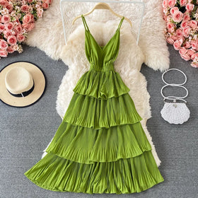 Women's Pleated Dress Suspenders Summer New Loose Belly-Covering Figure Flattering Tiered V-neck Long Dress Casual Tank Dresses