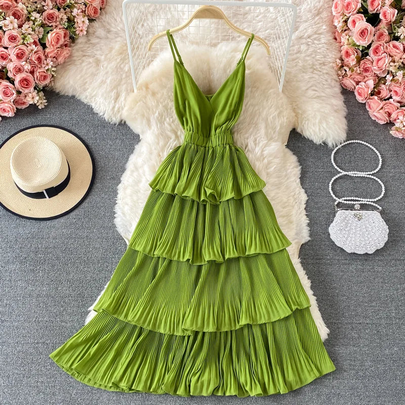 Women's Pleated Dress Suspenders Summer New Loose Belly-Covering Figure Flattering Tiered V-neck Long Dress Casual Tank Dresses