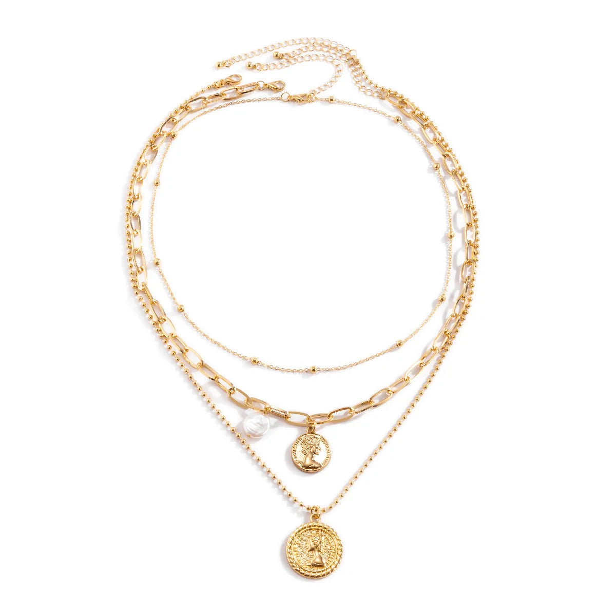 Round Baroque Portrait Relief Pendant Necklace Set 3-Layer Imitation Pearl Bead Punk Style Trendy Chain for Pants for Gift