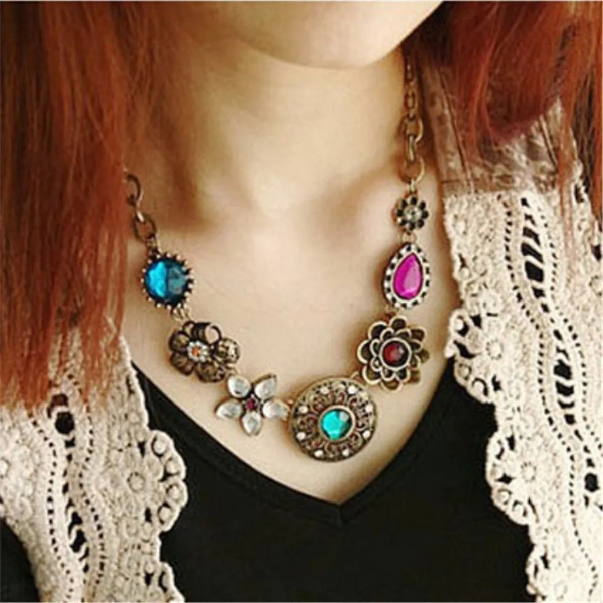 Womens Bib Crystal Flower Pearl Pendant Chunky Chain Collar Statement Necklace Jewellery Gift