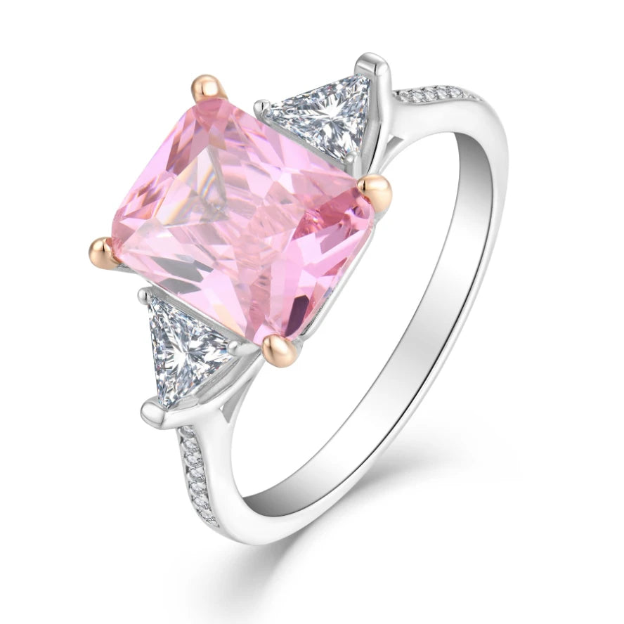 YILUN High Quality 925 Sterling Silver Pink CZ Ring Rhodium Plated Design Three Stones Engagement Ring for Women