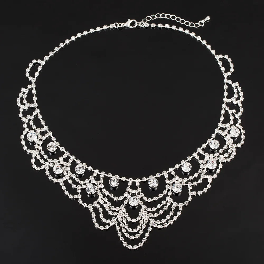 Gorgeous Women's Gold-Plated Wedding Dress Accessories Wavy Full Rhinestones Statement Bridal Necklaces for Parties