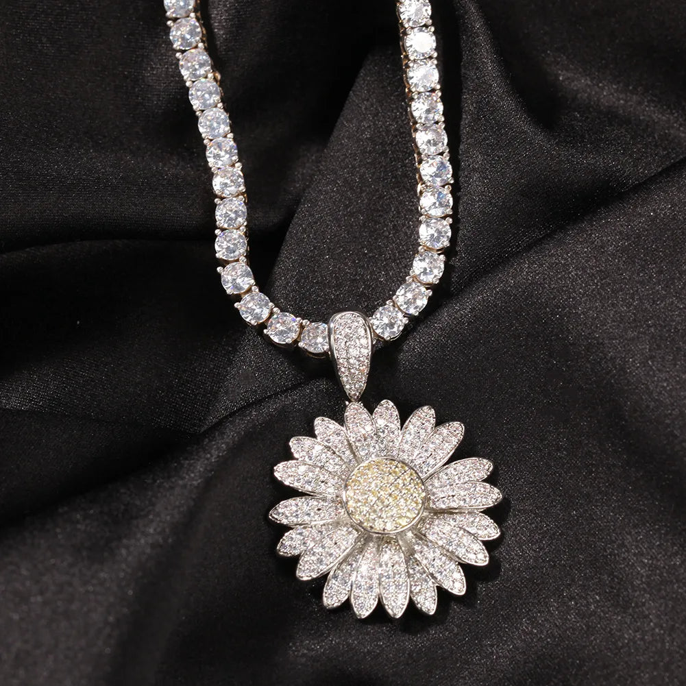 Hot Sale Rotatable Lovely Zircon Sunflower Pendant Jewelry Gold Plated Brass Hip Hop Necklace for Unisex