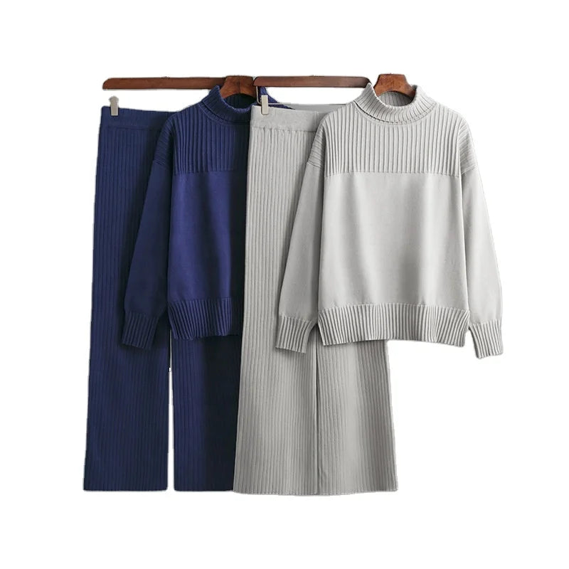 Loose Long Sleeve High Neck Top Wide Leg Pants Ladies Clothing Two Piece Knit Sweater Set