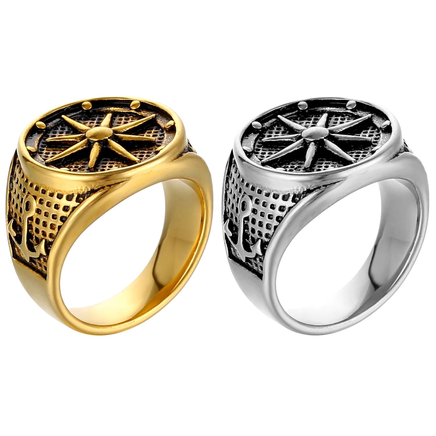 Men Vintage Jewelry Stainless Steel Compass Celtic Ring Embossed Sideways Center Round Signet Rudder Nautical Anchor Ring