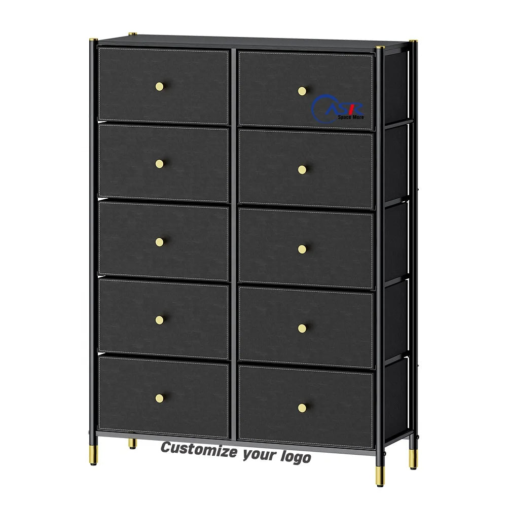 Chest of Drawers Fabric Storage Drawers Dresser with PU Leather Dark Grey Cabinet Living Room Furniture Cloth Organizer