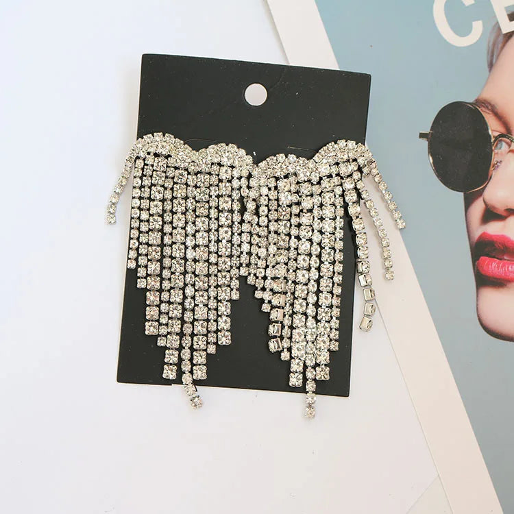 EM1139 Hot Sale Exaggerated Big Holiday Crystal Rhinestone Silver Heart Shaped Drop Tassel Stud Earrings for Women