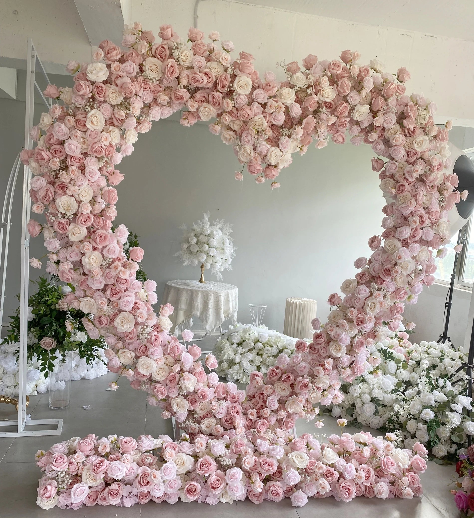 Marry Me Decoration Party Proposal Pink Roses White Artificial Flowers Heart Shaped Arch With Flowers Backdrop Red Background