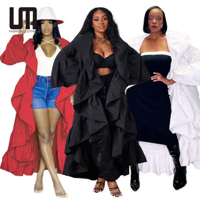 Liu Ming Clearance Sales Fall Streetwear Women Clothes Long Windbreaker Flare Sleeve Ruffled Loose Cardigan Outerwear Coats