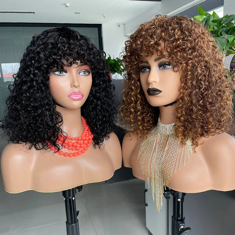 Factory SaleSDD Super Double Drawn Machine Made Fringe Water Wave Curls Wig 100% Human Hair Pixie Cut With Bangs for Black Women