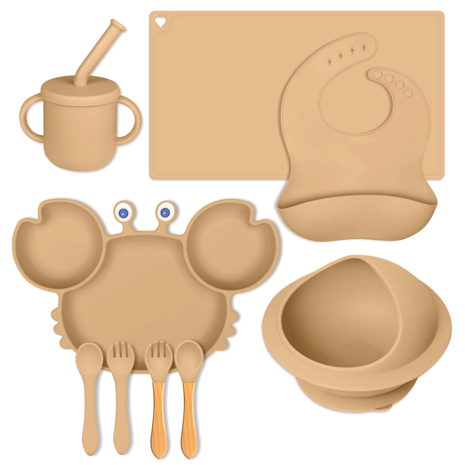 7-Piece Kid-Safe Silicone Baby Feeding Set Cup/Bowl Division Mat Fork Spoon Crab Bib BPA-Free Plate-Food Grade Dishwasher Safe