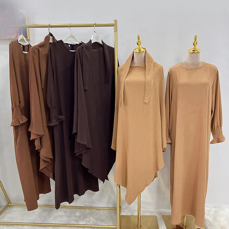 Latest Islamic Prayer Khimar Dress 2pieces Ramadan Eid Wrinkle Polyester Khimar Butterfly Abaya Set for Women Muslim