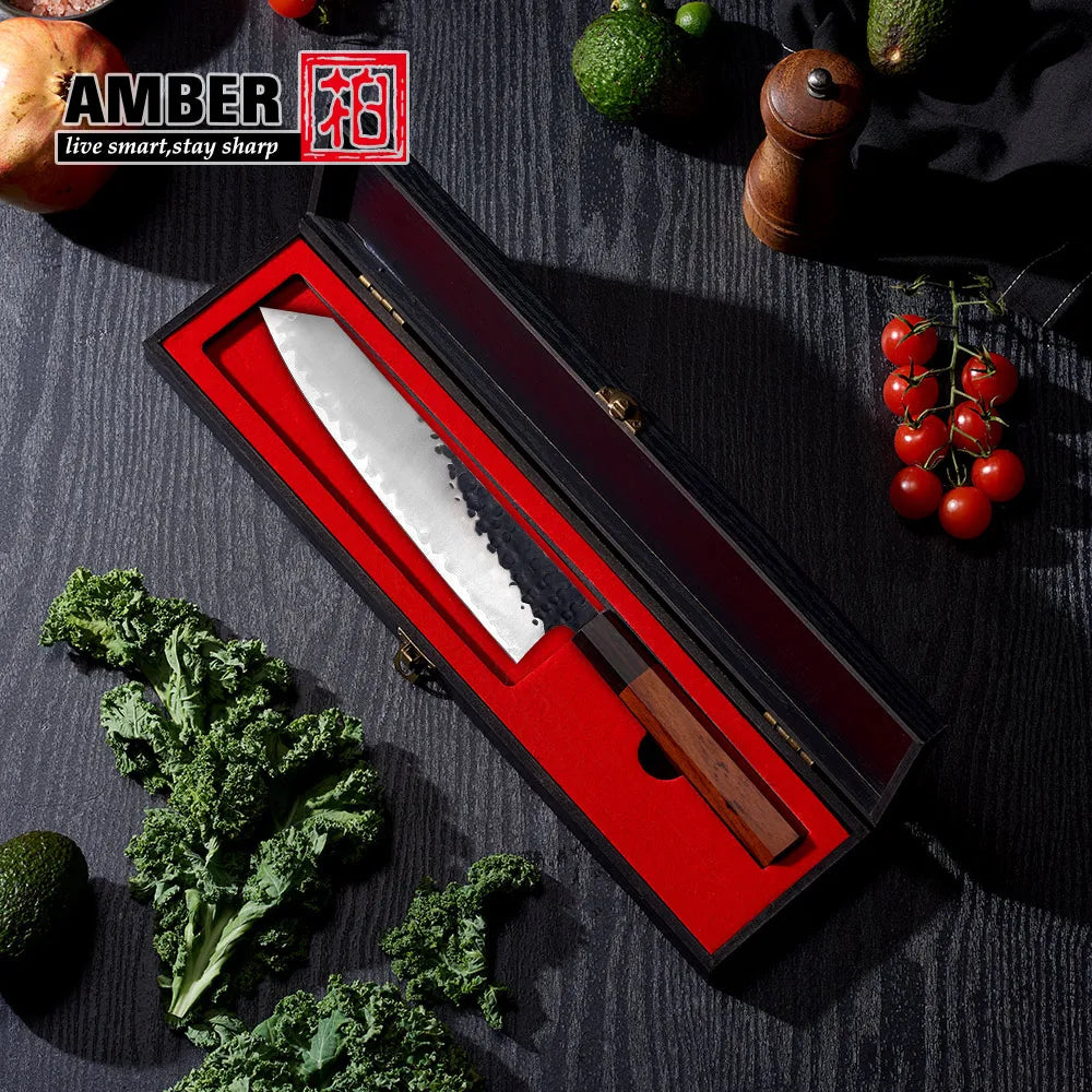 Amber High-end Japanese Kitchen Gyuto Chef Knife 240mm 9" Hammered Blade High Carbon Steel Knife in Box