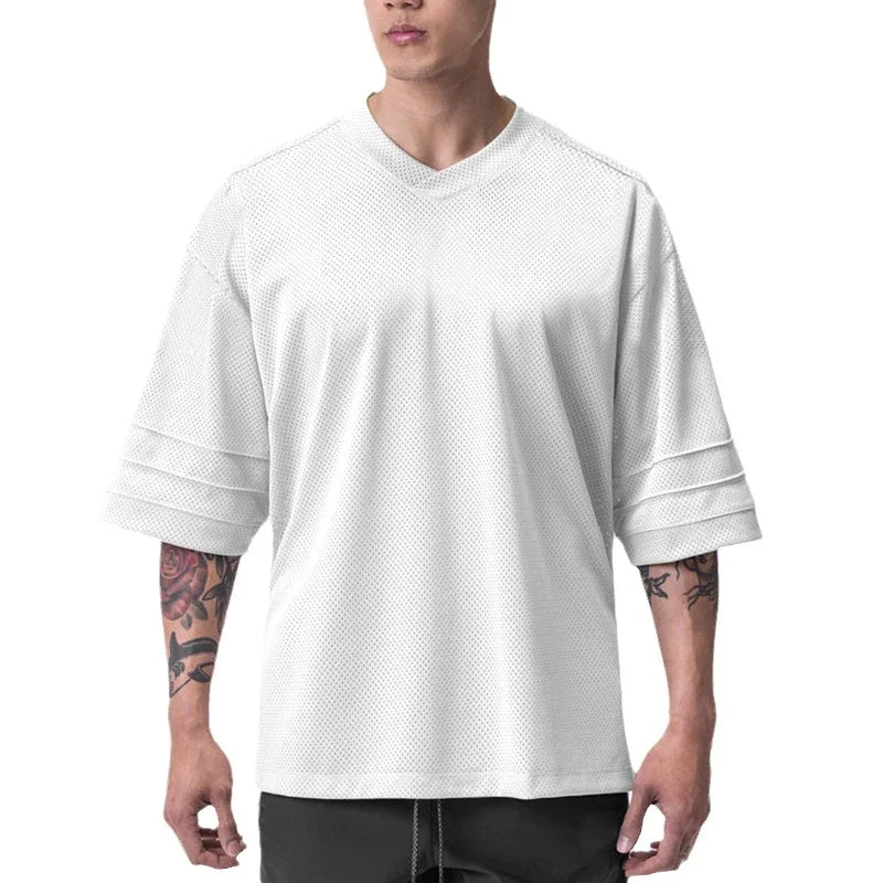 Oversized V Neck Half Sleeve T Shirt Mens Street Hip Hop Loose Dropped Shoulders Gym Clothing Mesh Fitness Bodybuilding T-shirt