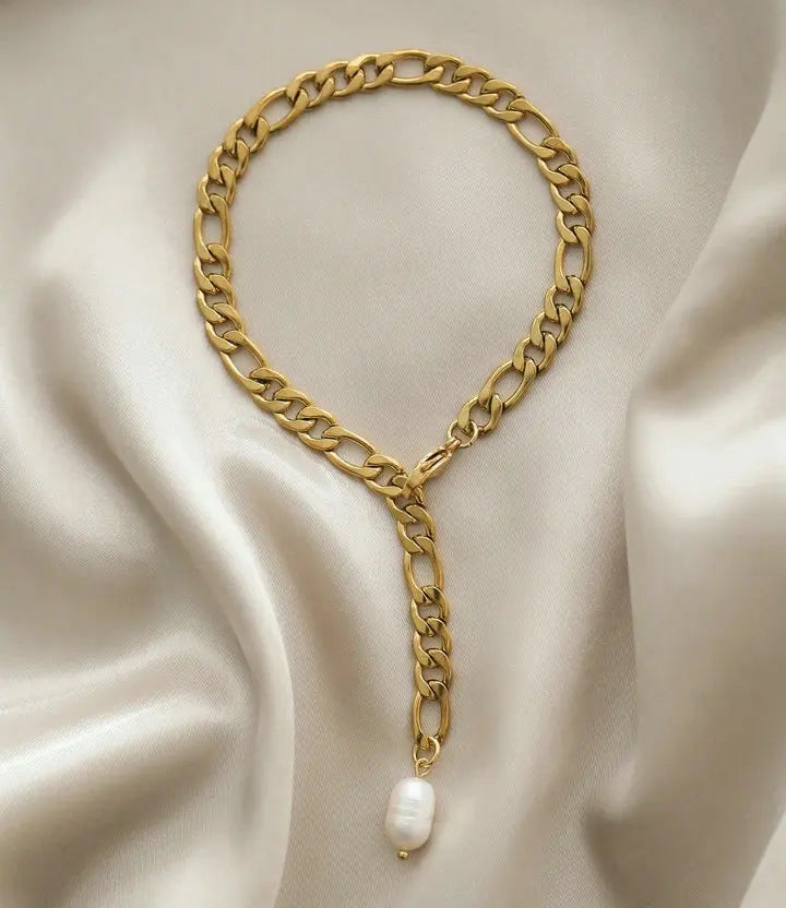 New Trendy 18k Gold Plated Stainless Steel Figaro Chain Anklet for Women Freshwater Baroque Pearl Anklet