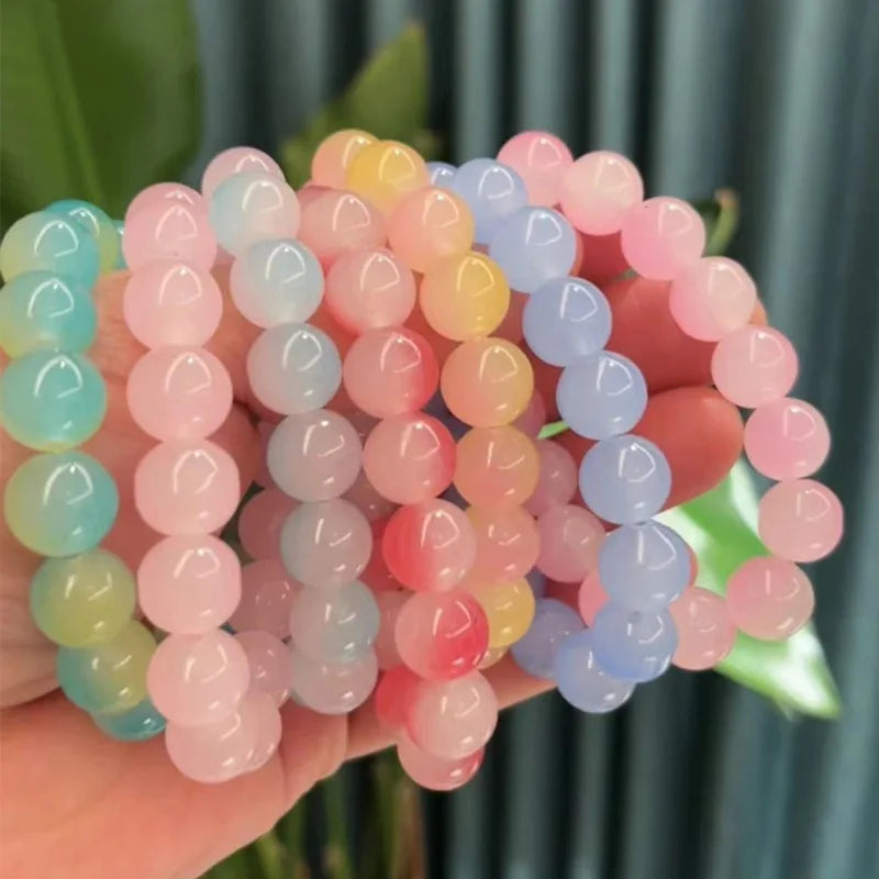 Student Gift Handheld Accessories 12mm Beaded Bracelet Beautiful Ice Transparent Pink White Jade Bracelet for Women Gift