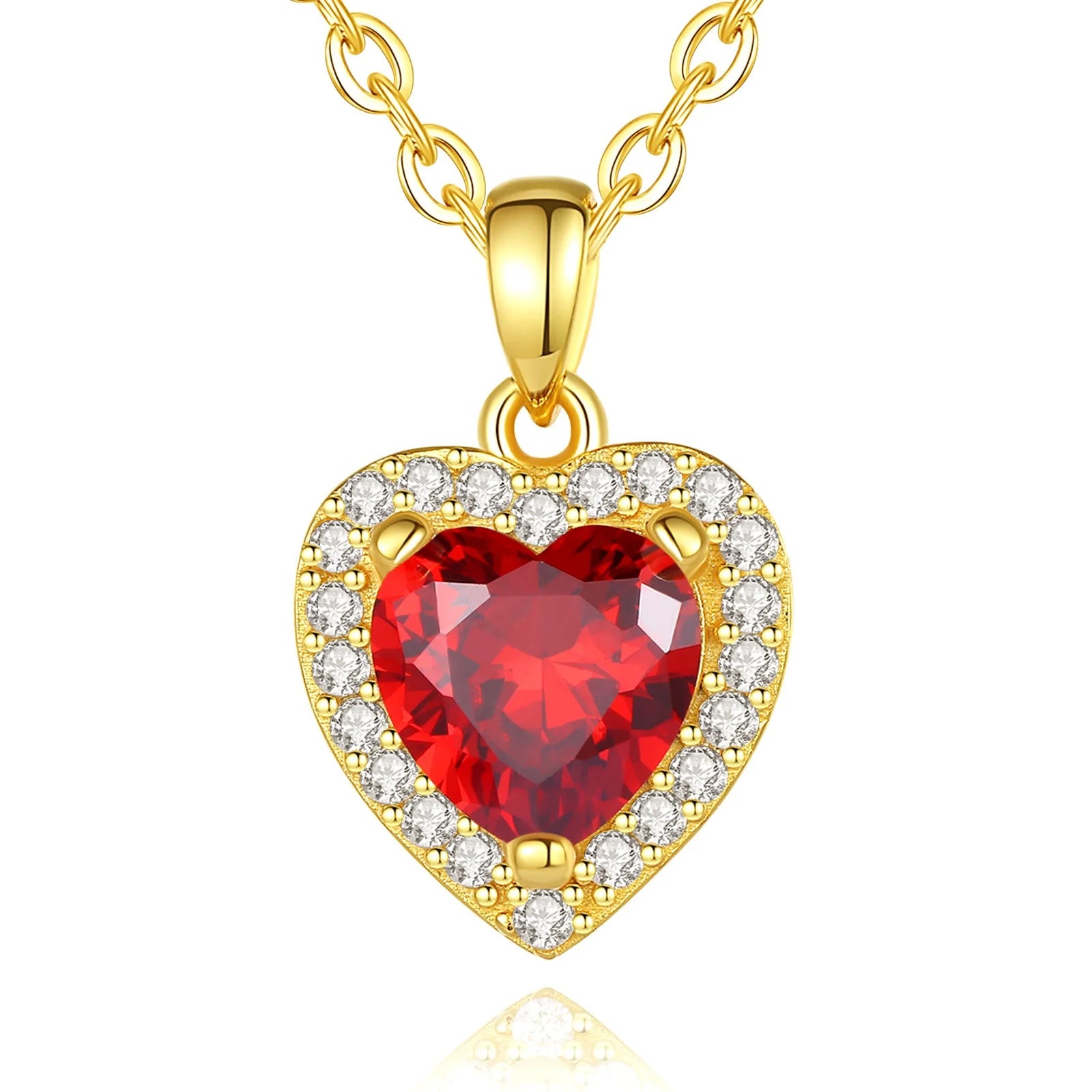 Luxury Red Heart Shaped Cubic Zirconia Jewelry 925 Sterling Silver Gold Plate Pendant Necklace for Women