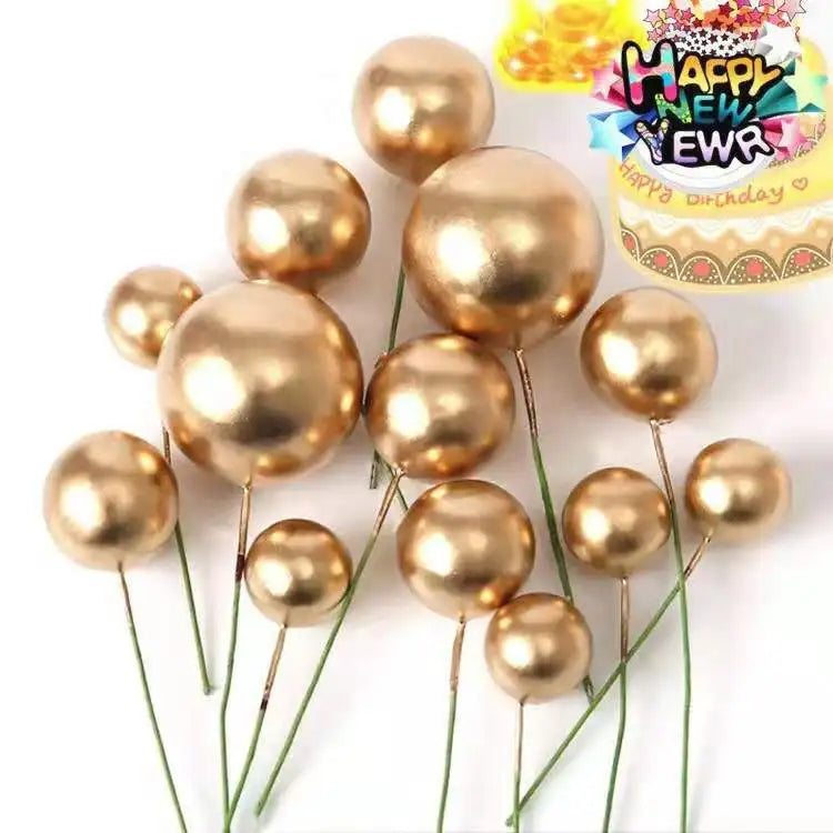 Shine Metallic Cake Toppers Birthday Foam Ball Decoration Silver Golden Cake Picks Ball Cake Cupcake Desser Decoration