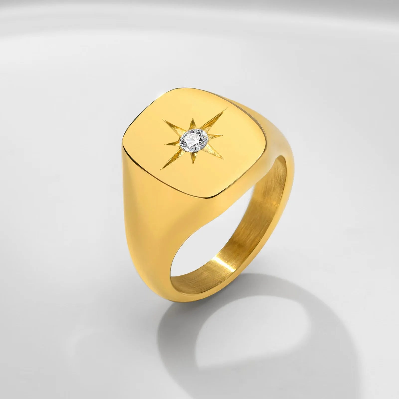 2024 Vintage Stainless Steel North Star CZ Zircon Diamond Square Ring for Girl Women Men 18K Gold PVD Plated Hot Sale Jewelry