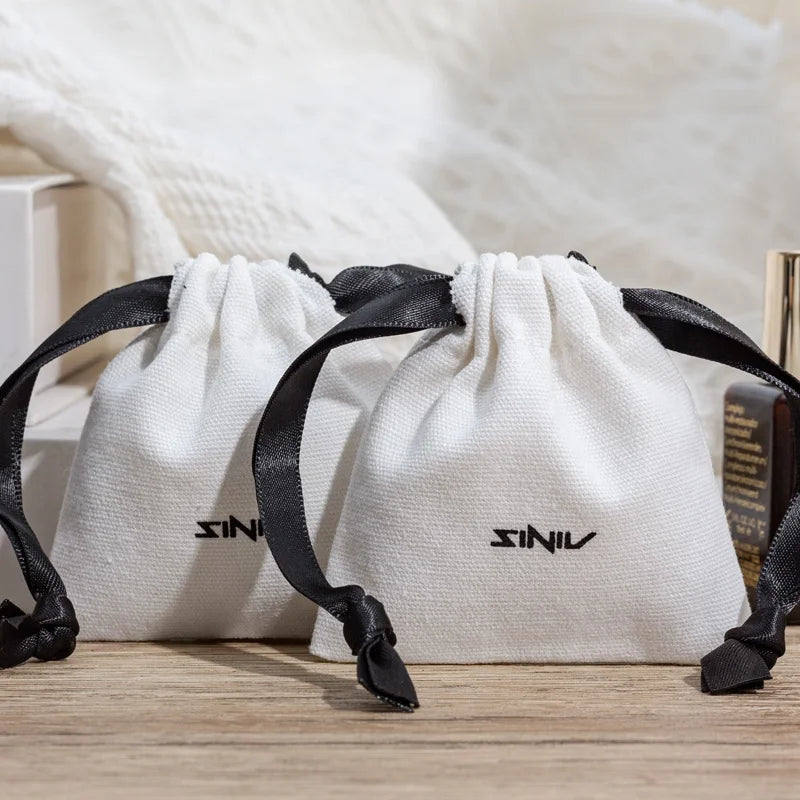 Recyclable Custom Cotton White Drawstring Bags Jewelry Pouches for Gifts Candle Pouch Custom Logo Screen Printing