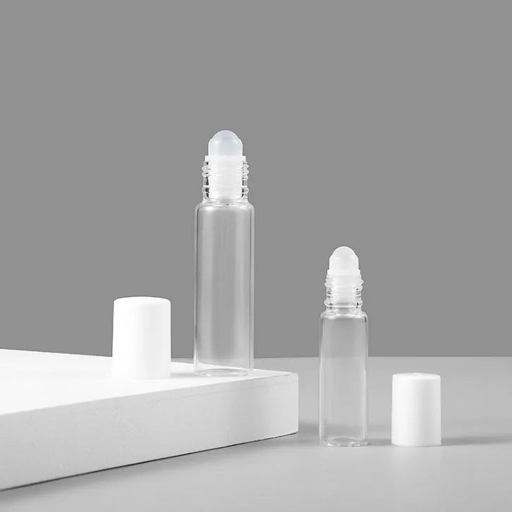 Ready to Ship 5ml 10ml Clear Glass Roll Bottle for Essential Oil Lipstick Screen Printing Plastic Roller Custom Logo White Cap