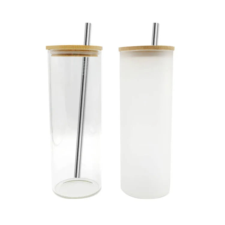 Best Seller 500ml 600ml 16oz 20oz 25oz Clear Frosted Blank Straight Sublimation Glass Skinny Tumbler with Bamboo Lid and Straw