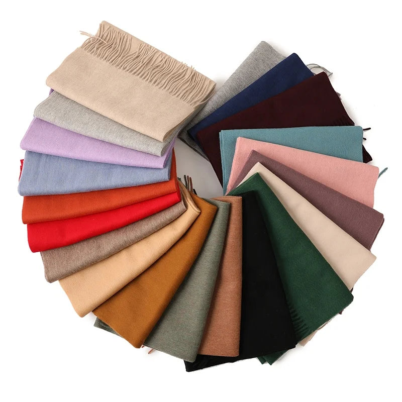 Men Women Winter 35x200cm 100% Pure Lambs Wool Scarf Stoles Luxury Elegant Plain Woven Ladies Wool Scarves With Long Tassel