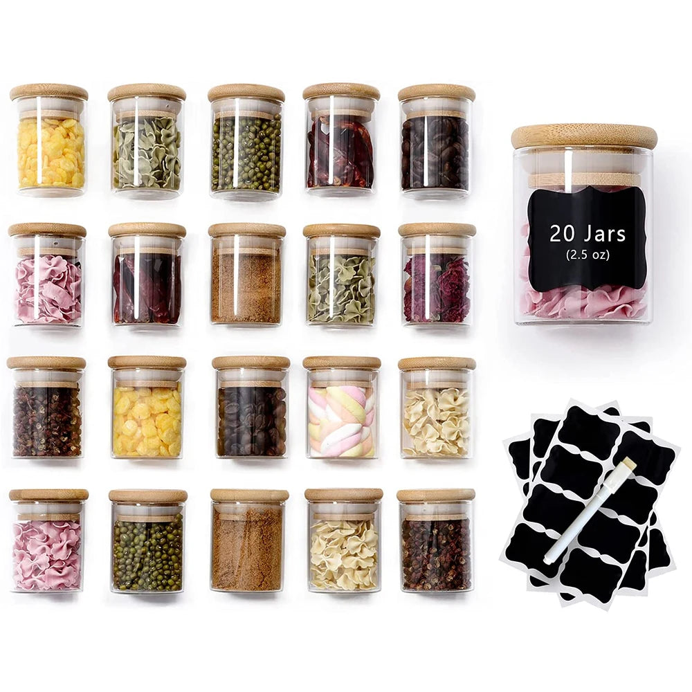 2.5oz Glass Spice Jars with Airtight Bamboo Lids Labels and Pen 2.5oz Mini Clear Food Storage Containers for the Pantry