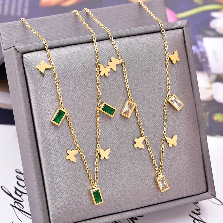 Minimalist White Green Zircon Necklace Butterfly Flower Necklace Stainless Steel Necklace for Women