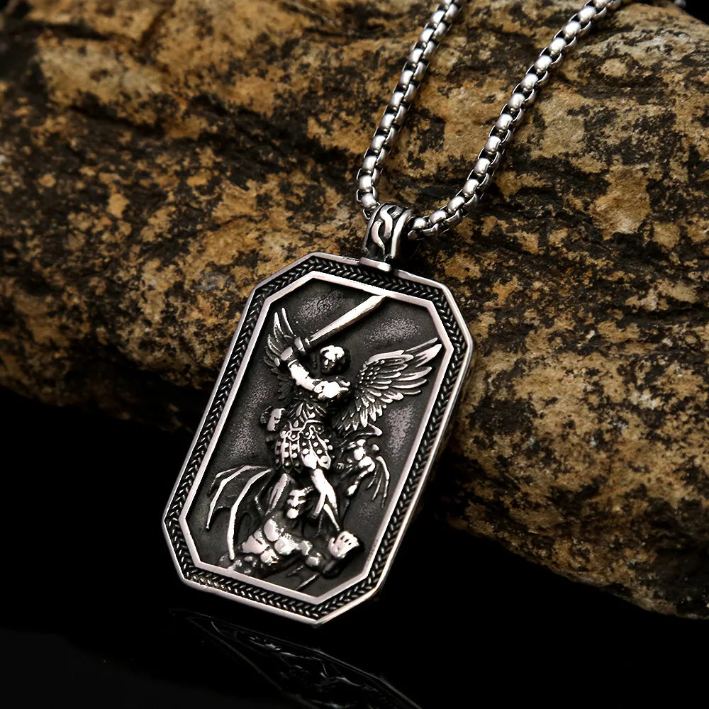 Classic Design Stainless Steel Angel Guardian Shield Pendant Vintage God War Necklaces for Men Unique Male Jewelry Accessory