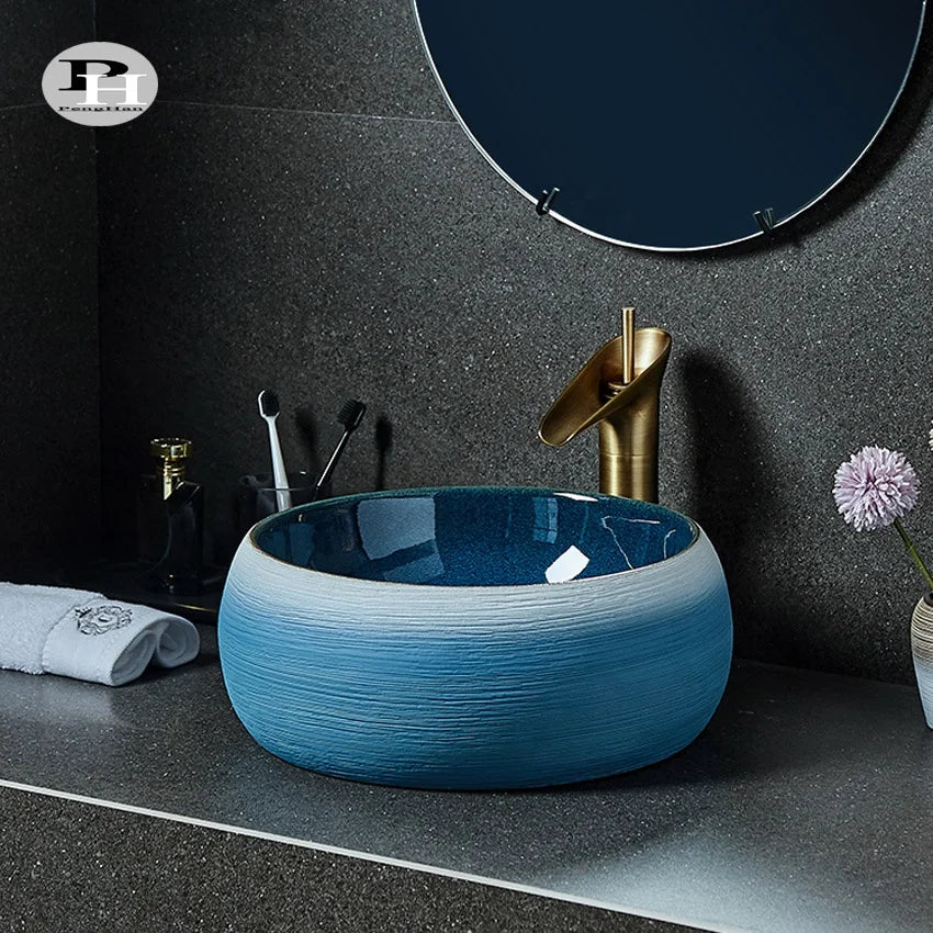 Jingdezhen Handmade Art Ceramic Contemporary Design Basin Countertop Sink Eco-Friendly Water Resistant Finish for Hotel Home Use