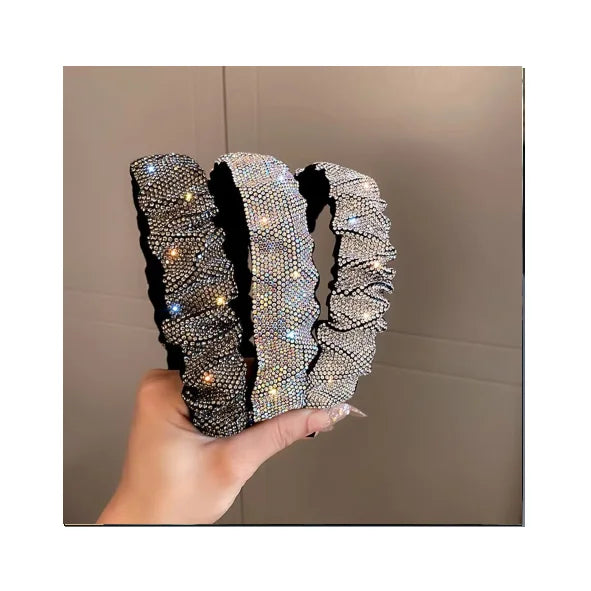 Women's Luxury French Retro Baroque Headband Full Rhinestone Hair Hoop Dazzling Pleated Accessories