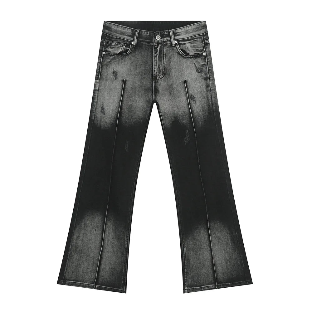 Custom Fashion American Style Heavy Stone Washed Denim Men Gradual Change Faded Flare Jeans Men Patchwork Sewing Designer Jeans