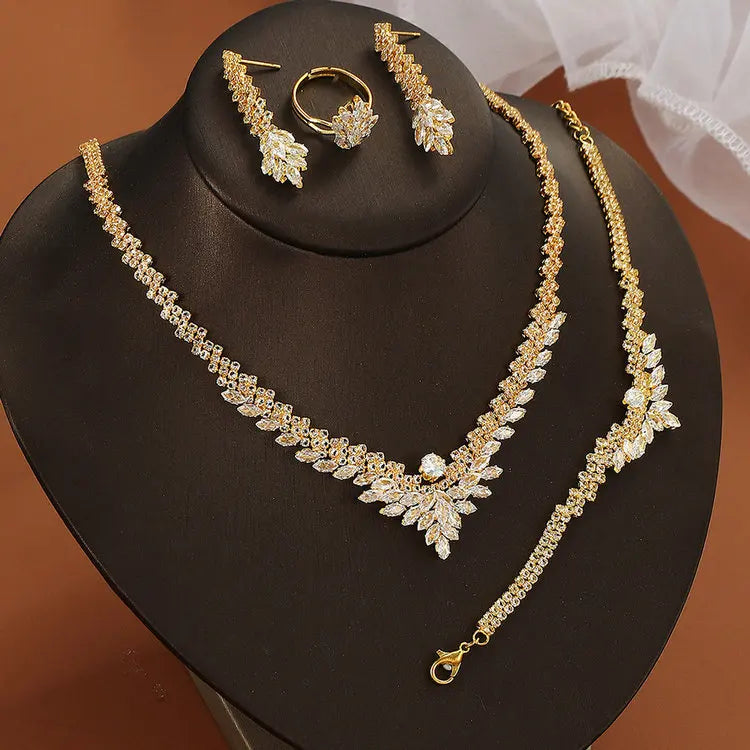 Euramerican Simple Style Banquet Wedding Jewelry Set Gold Plated Necklace Earrings Ring Bracelet with Zircon for Engagement