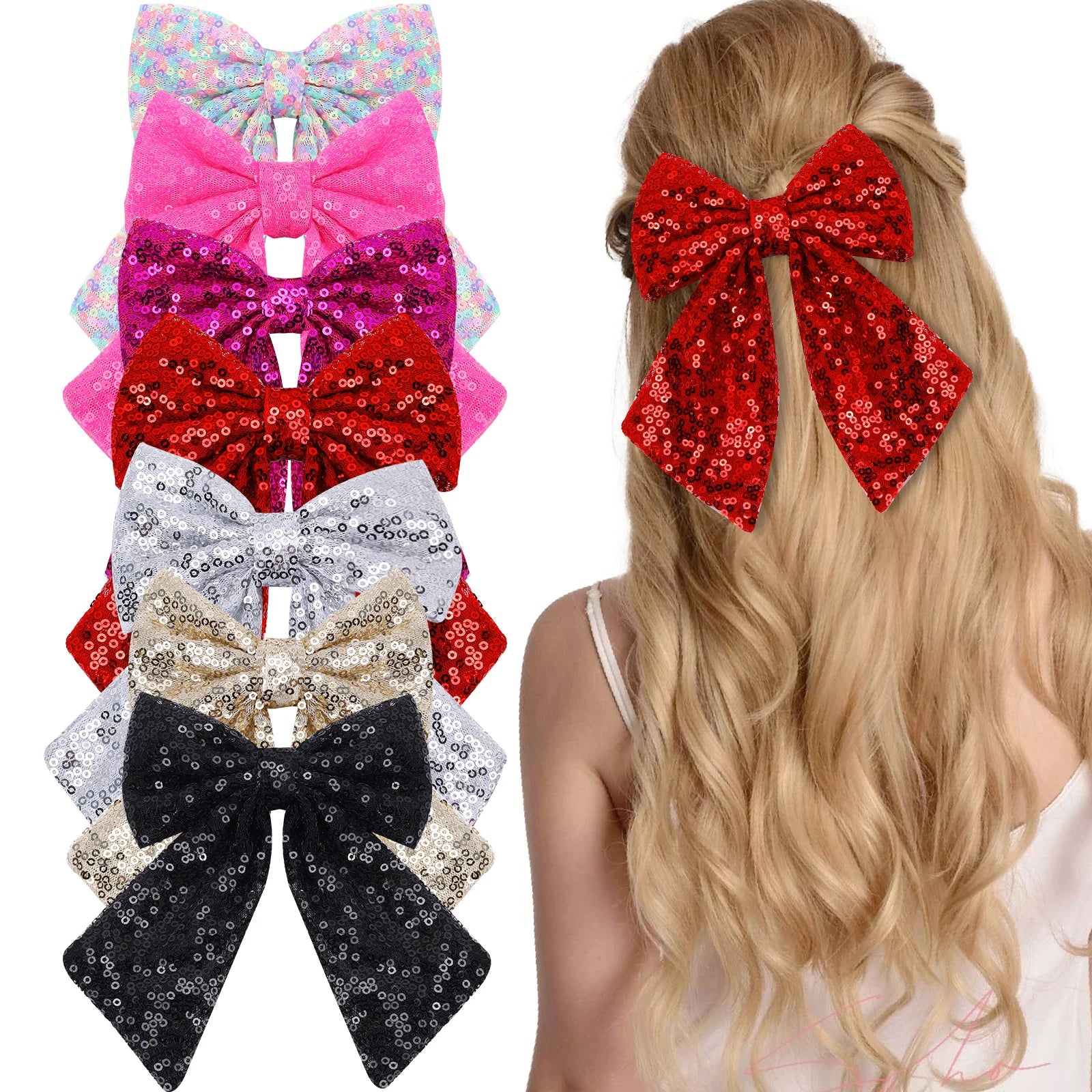 CN Big Shiny Sequin Hair Bow Sparkle Fabric Hair Bow Clip for Women Girls